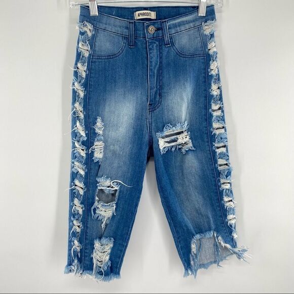 APHRODITE High Rise Ripped Distressed Capris - Picture 2 of 10